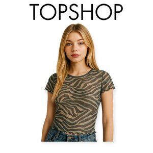 Topshop Petite Zebra Print Mesh Top Beige Black Lettuce Trim Short Sleeve 0P